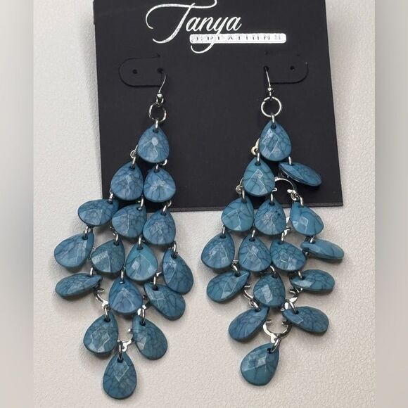 Teardrop Blue Chandelier Earrings with Cascading Design 3.5 inch - Picture 1 of 4